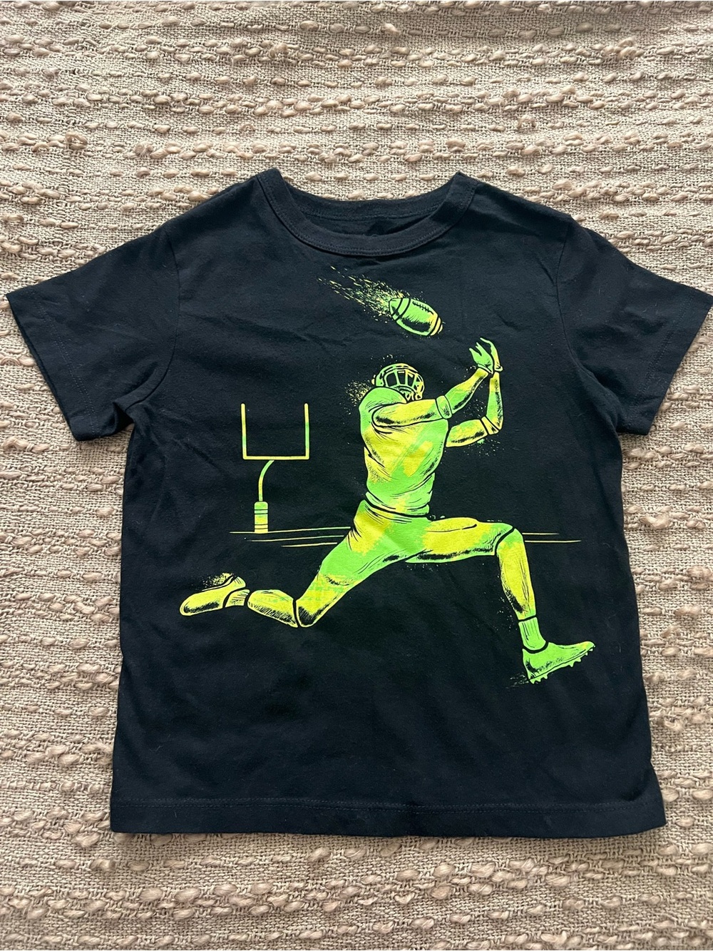 The Children's Place Black Tee with Neon Green Football Catch Graphic